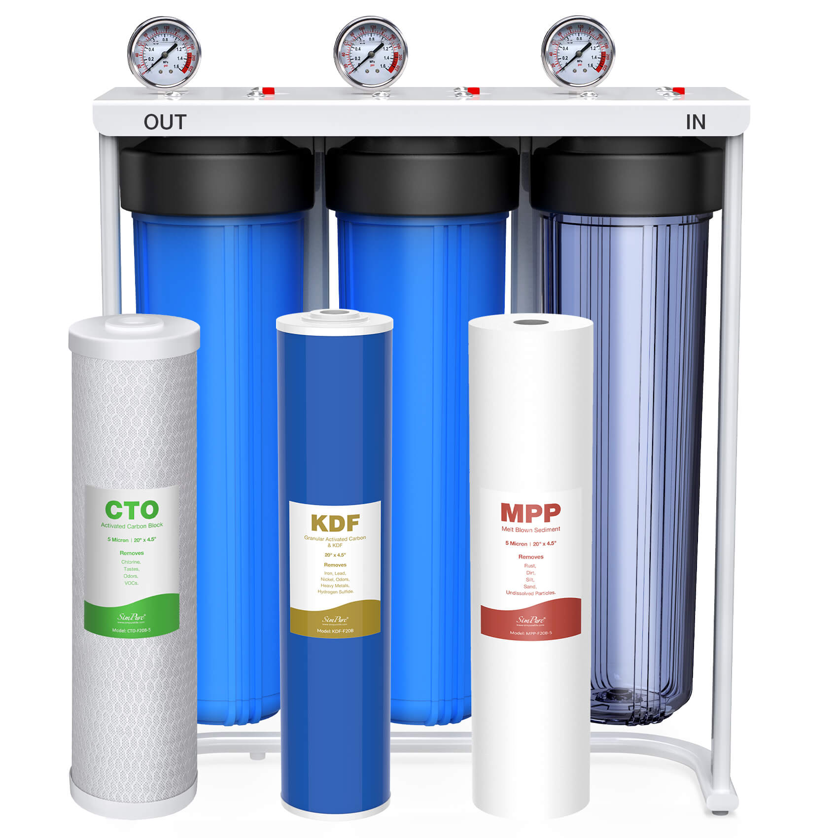 SimPure DB20P-3KDF 3-Stage Whole House Heavy Metal Water Filtration System with 5 Micron 20” x 4.5” Sediment PP, KDF & Carbon Water Filter