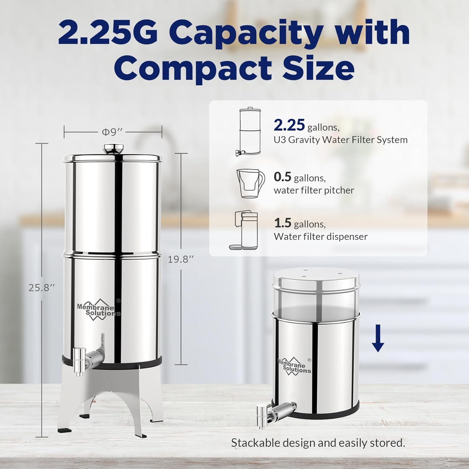Membrane Solutions U3P 2.25-Gallons Stainless Steel Gravity Water Filter Fed Tank with 3 Black Filters
