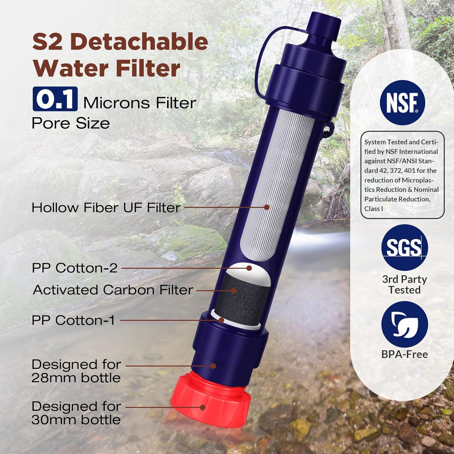 Membrane Solutions WS02 Detachable Straw Water Filter for Hiking Camping Travel and Emergency