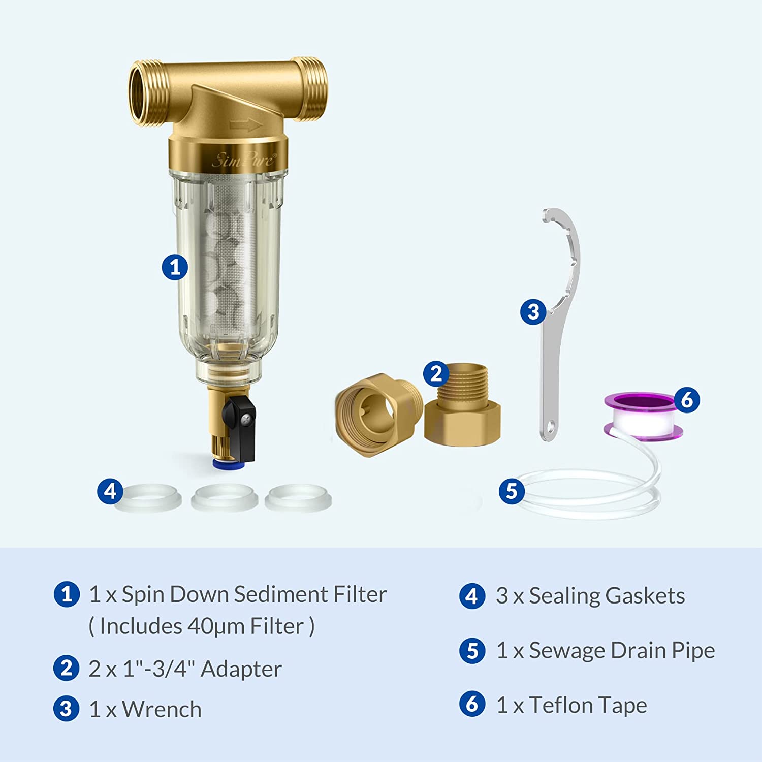 SimPure DC5S 40 Micron Whole House Anti Scale Spin Down Water Filter with Siliphos