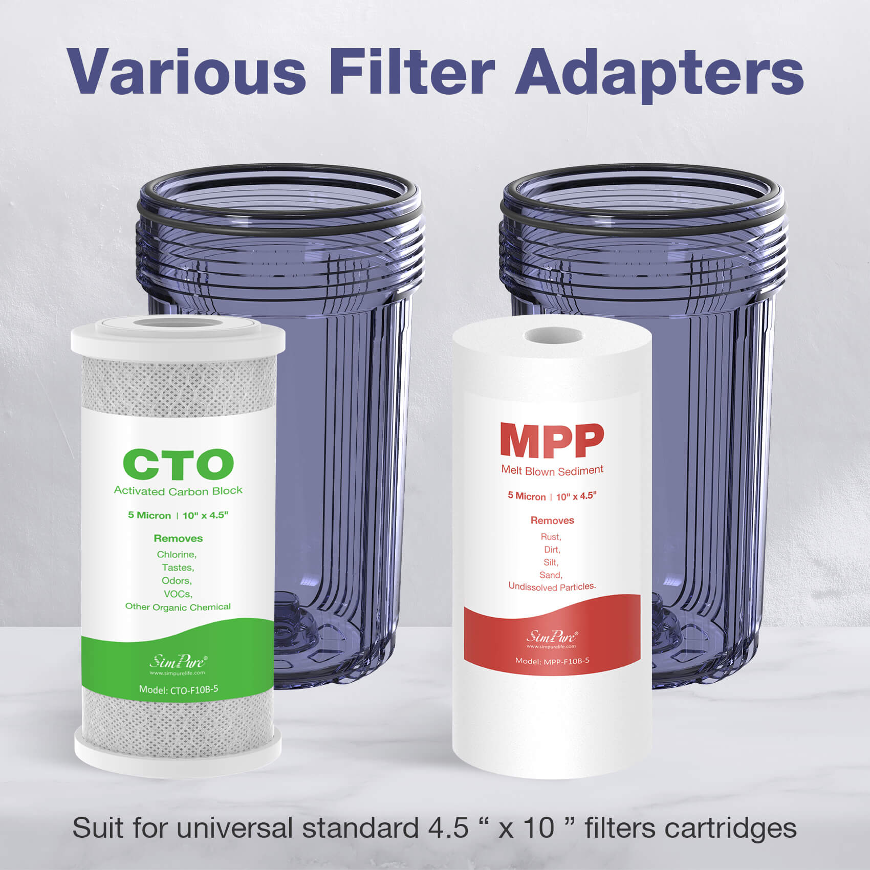 SimPure DB10C-2 5 Micron 2-Stage Whole House Water Filtration System with 4.5 x 10 inch Sediment and Carbon Block Filters for City/ Well Water