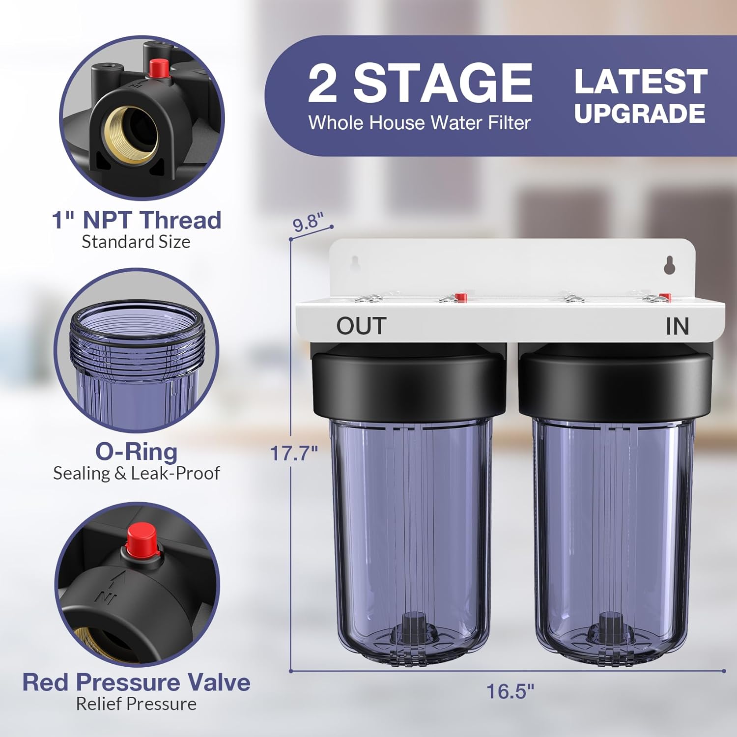 SimPure DB10C-2KDF 2-Stage Clear Whole House Heavy Metal Water Filtration System with 4.5 x 10 inch Carbon Block & KDF Filter