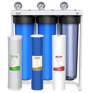 SimPure DB20P-3KDF 3-Stage Whole House Heavy Metal Water Filtration System with 5 Micron 20” x 4.5” Sediment PP, KDF & Carbon Water Filter
