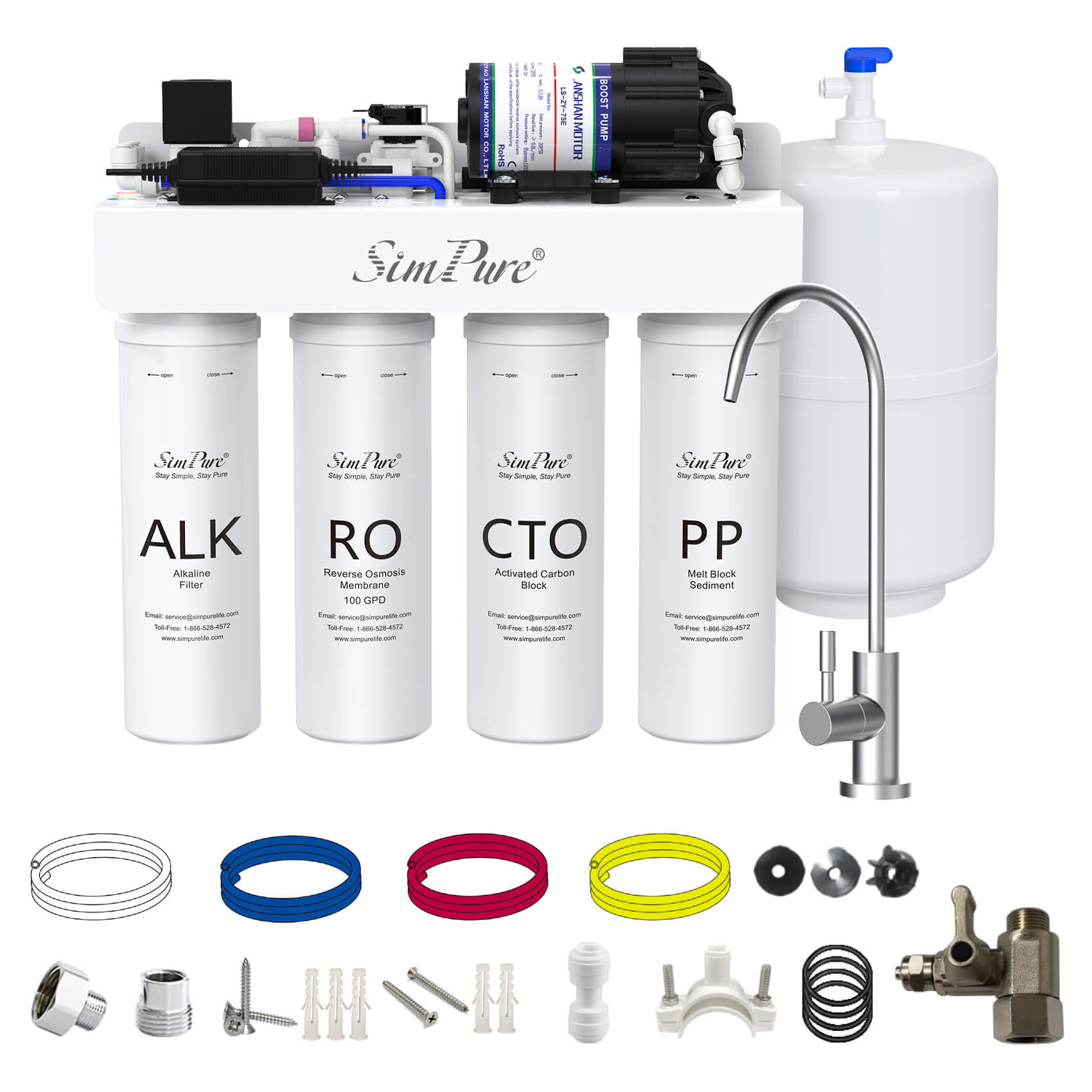 SimPure T1-100ALK 7-Stage Under Sink RO System Remineralization with Booster Pump & Pressure Tank