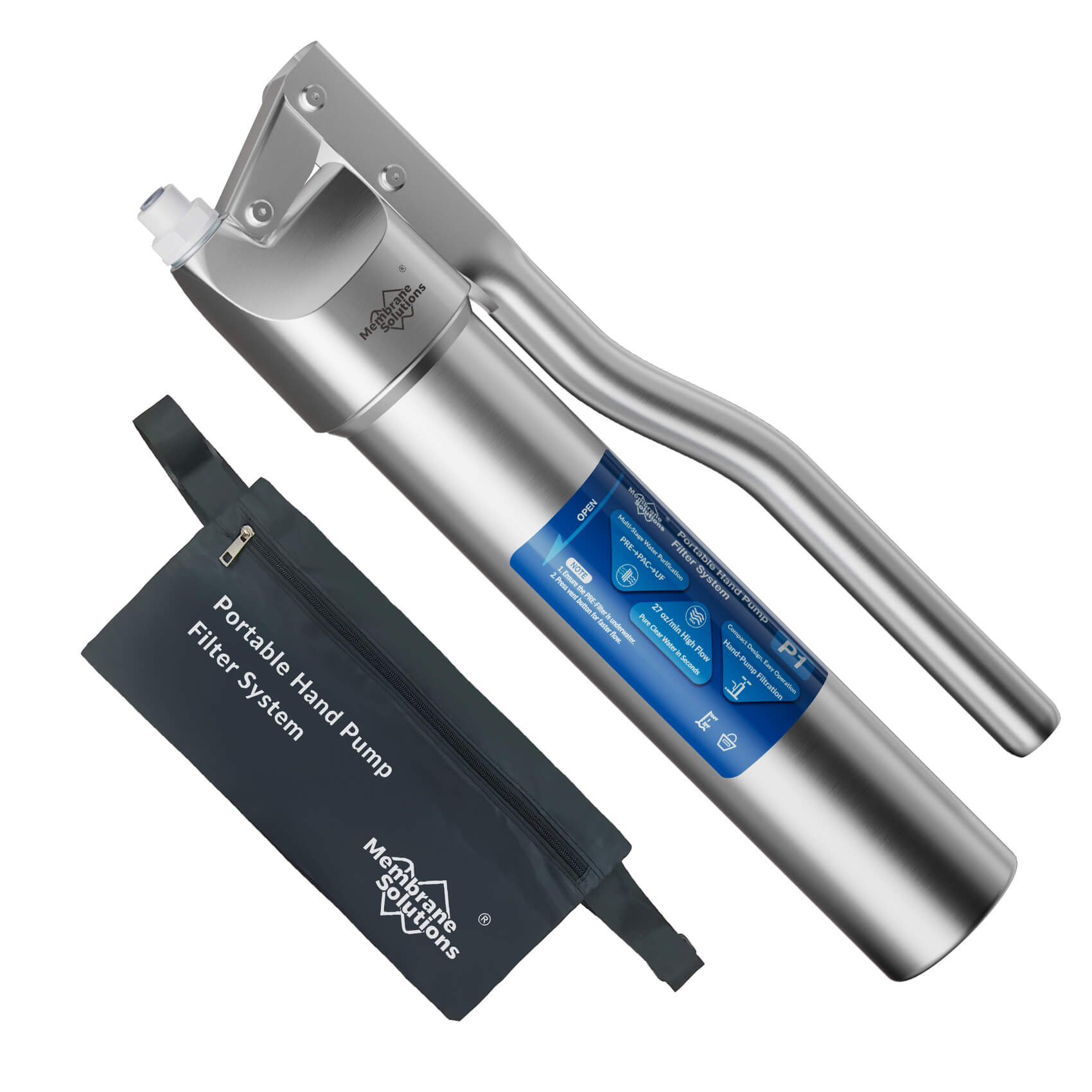 Membrane Solutions P1 Stainless Steel Hand Pump Water Filter System for Hiking, Camping, Emergency