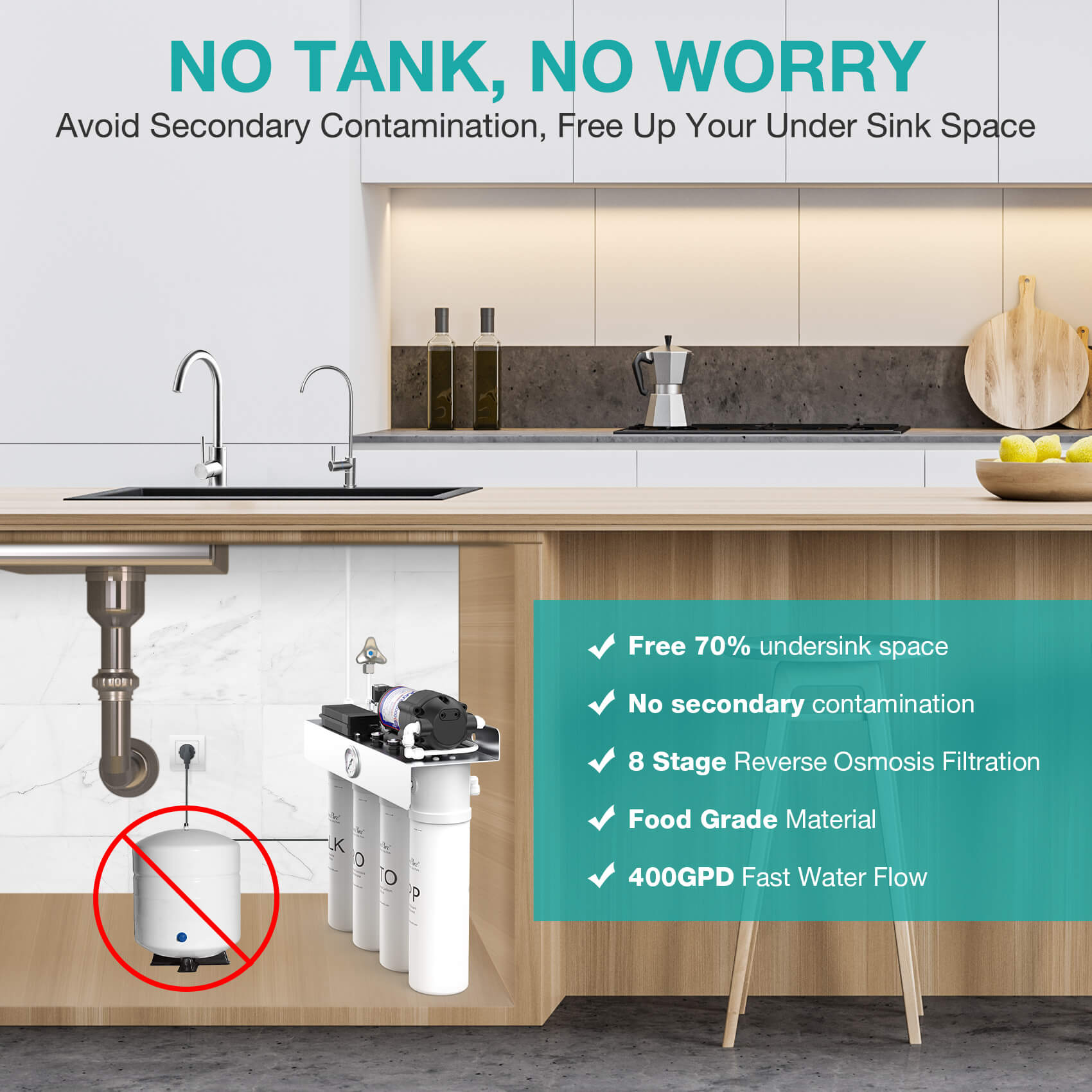SimPure T1-400ALK 8 Stage 400GPD Under Sink Tankless RO System with Remineralization