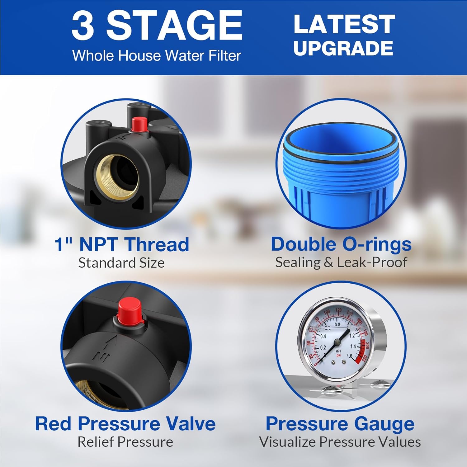 SimPure DB20P-3KDF 3-Stage Whole House Heavy Metal Water Filtration System with 5 Micron 20” x 4.5” Sediment PP, KDF & Carbon Water Filter