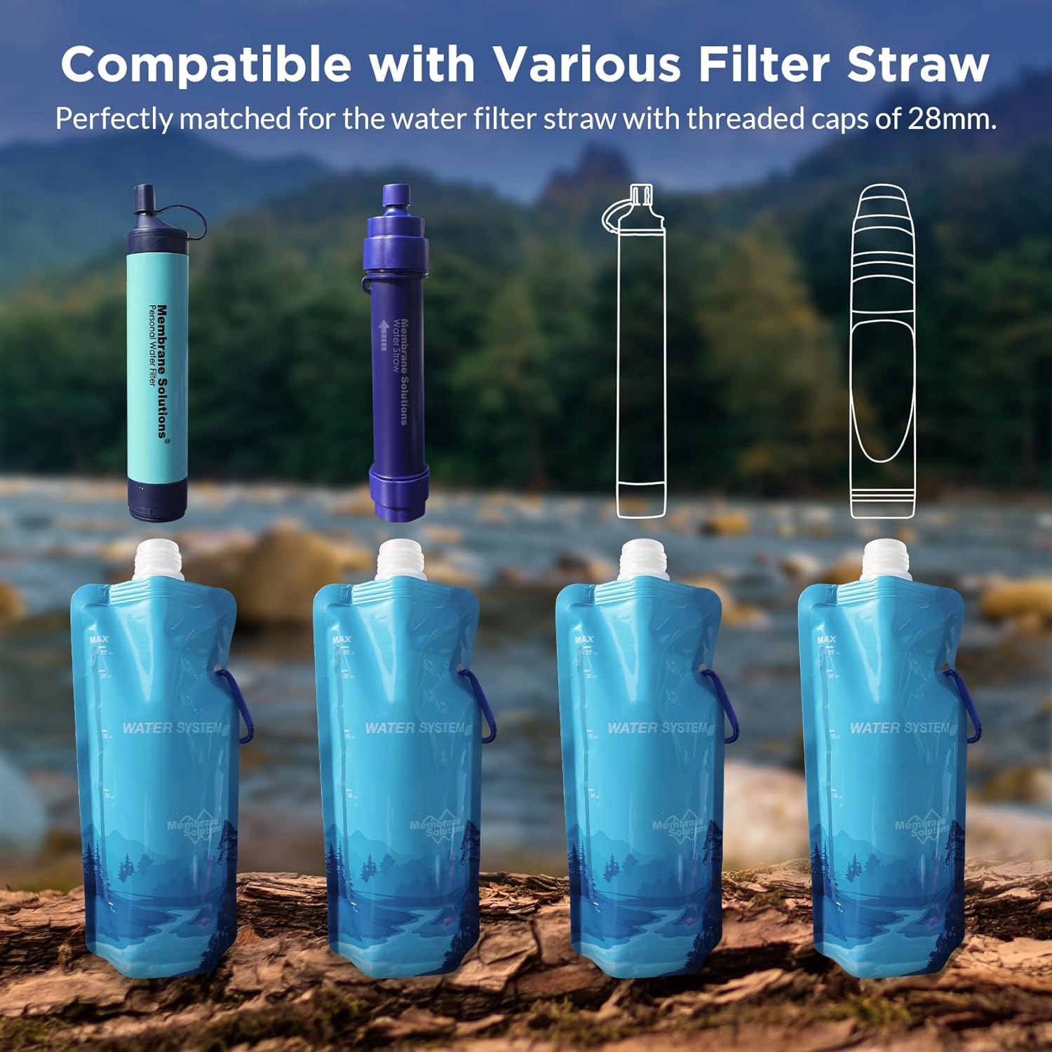 Membrane Solutions 23oz Collapsible Water Container Bottle Squeezable Pouch for Hiking Camping Travel Emergency 4 Pack